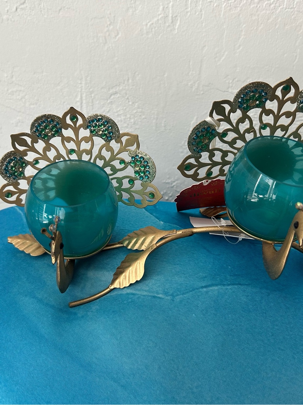 Teal Peacock T-Light Candle Holder - Decorative Diwali Accent